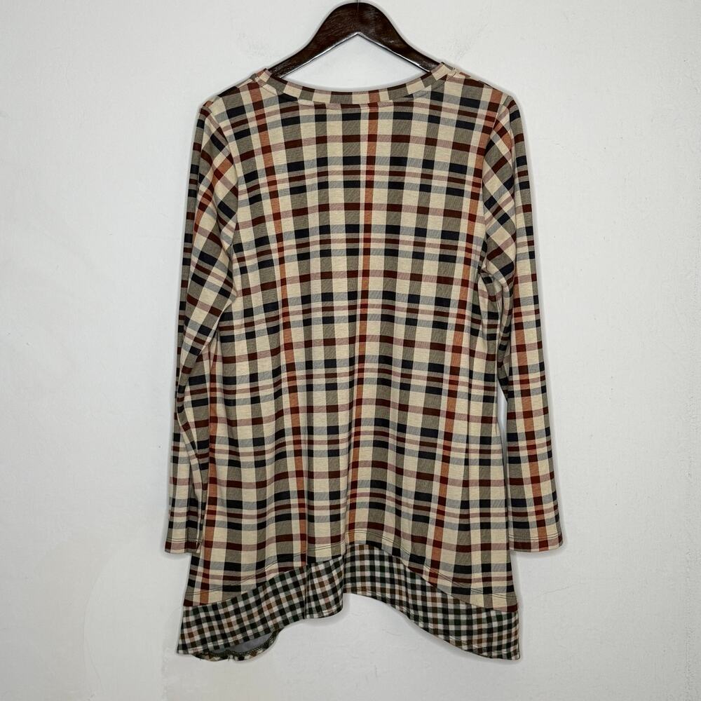 LOGO Lori Goldstein Plaid Sharkbite Tunic Top Large Boho V-Neck Asymmetrical - Picture 2 of 10